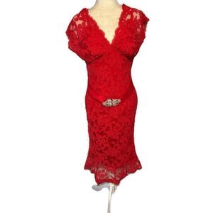 Aida Solid Red Formal Lace V Neck Cap Sleeve Rhinestone Belt Midi Dress 14 Large